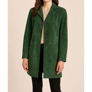 Dennis Basso Suede Leather Long Coat Jacket Green Button Front Women’s Large